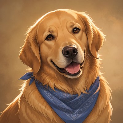 portrait of a golden retriever wearing a blue bandana, warm plain backdrop, no text