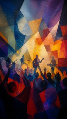 a live music scene with a glowing stage and silhouetted crowd, energetic vertical composition with open space at the top, no text
