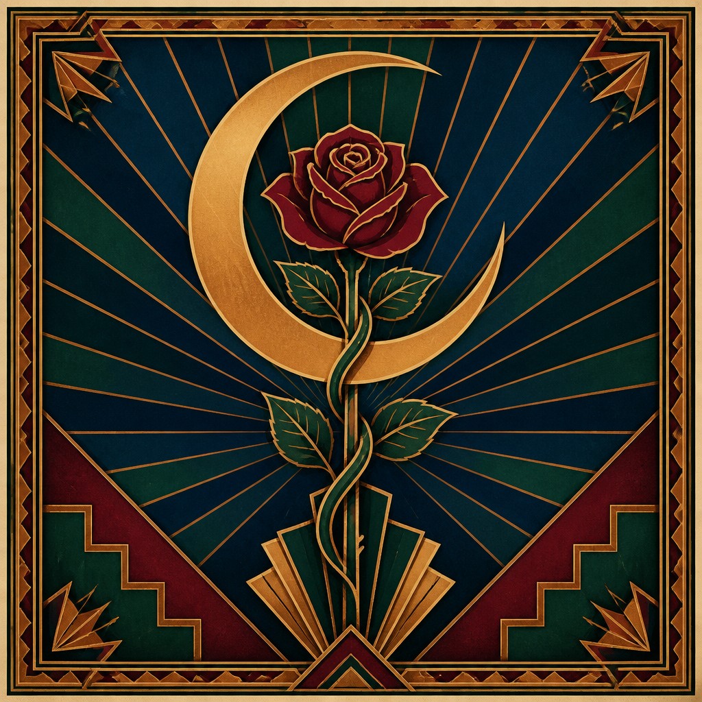 a rose entwined with a crescent moon, clean balanced composition on a plain background, no text