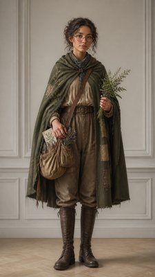 full-body original character: a wandering botanist with a satchel of plants, a patched green cloak, tall boots and round glasses, neutral background