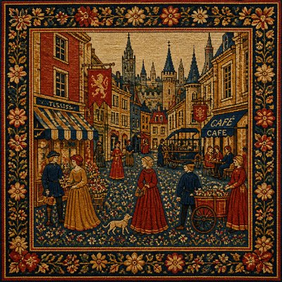 urban street with city activity — Woven Tapestry Art Style