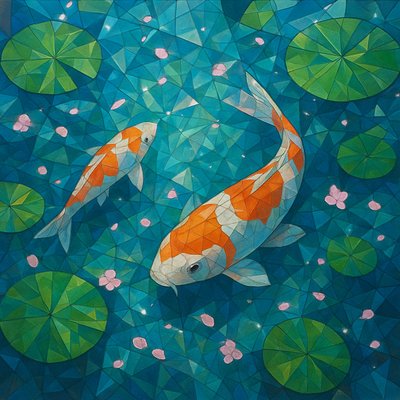 A koi pond seen from above, orange and white koi fish swimming among lily pads, clear water with subtle ripples, fallen cherry blossom petals floating on the surface, dappled sunlight