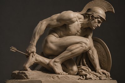 ancient greek ignudi Achilles crouching with arrow stuck in his heel