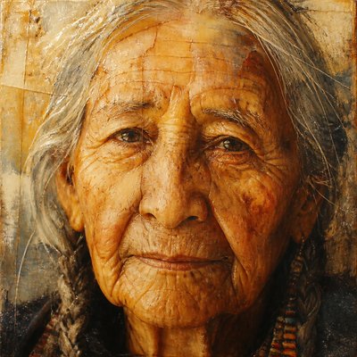 close-up portrait of an elderly person with expressive weathered features