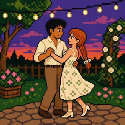 an original couple dancing under string lights in a garden at dusk: a man with short black hair in a linen shirt and a woman with braided red hair in a summer dress