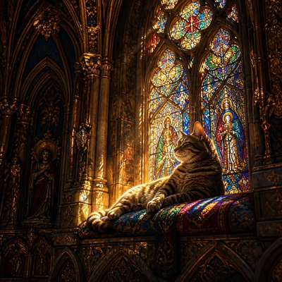 a cat lounging in a sunlit window