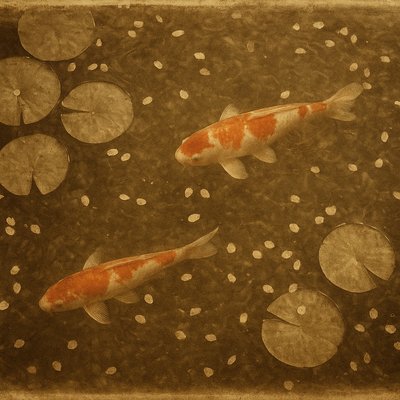 A koi pond seen from above, orange and white koi fish swimming among lily pads, clear water with subtle ripples, fallen cherry blossom petals floating on the surface, dappled sunlight