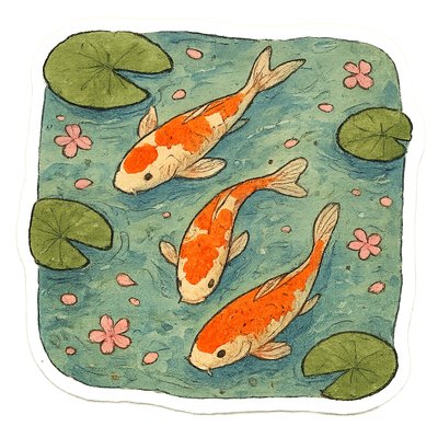 A koi pond seen from above, orange and white koi fish swimming among lily pads, clear water with subtle ripples, fallen cherry blossom petals floating on the surface, dappled sunlight