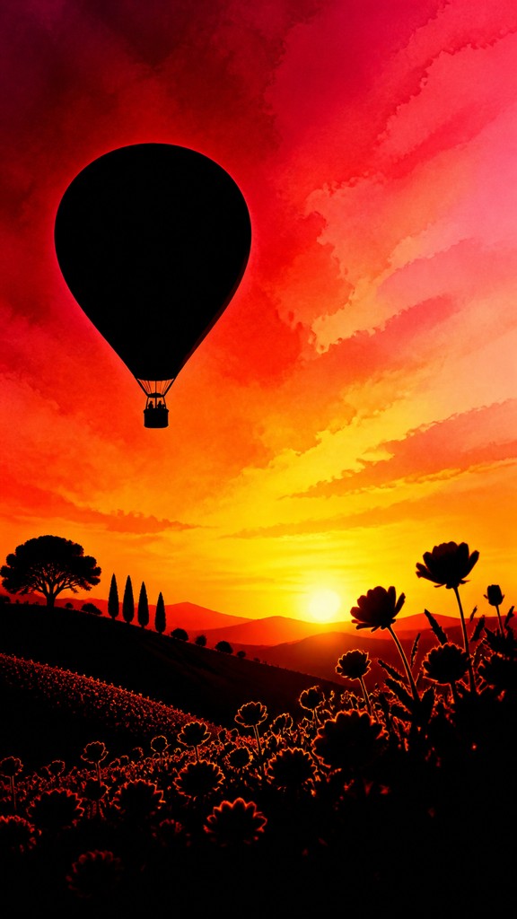 a hot air balloon drifting over rolling flower fields on a sunny day, cheerful, no text