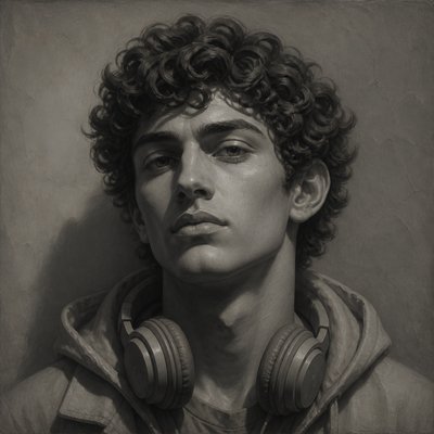 head-and-shoulders portrait of an original character: a young man with curly dark hair and headphones around his neck, plain backdrop, no text