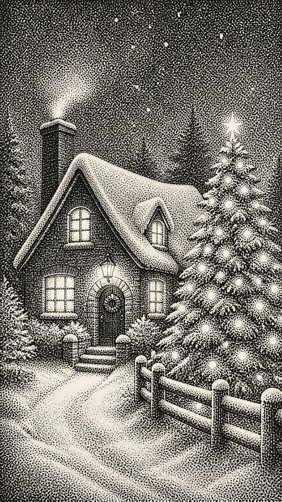 a snow-covered cottage with warm glowing windows beside a decorated pine tree, gentle snowfall, no text