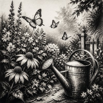 a garden scene with butterflies, flowers and a watering can, clean uncolored line art, no text