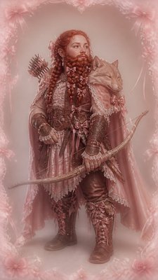 full-body original character: a dwarven ranger with a braided auburn beard, worn leather armor, a longbow and a wolf-pelt cloak, neutral background, no text