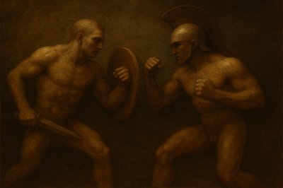 a painting of two naked men holding a mirror