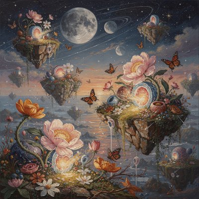 Floating islands with lush, fantastical flora • Celestial skies filled with moons, stars, and planetary orbits • Oversized flowers as emotional anchors or portals • Butterflies as messengers, memory-keepers, or guides • Dreamlike color palettes: soft pinks, deep blues, radiant whites • Gravity-defying compositions and layered atmosphere Using psychedelic art and impasto style art