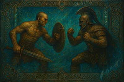 a painting of two men fighting over a mirror