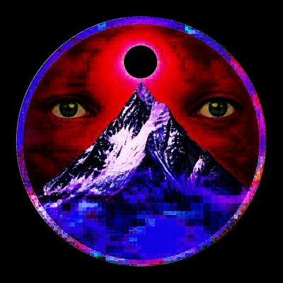 an emblem of a mountain peak inside a circle, simple bold shapes on a plain background, no text or lettering