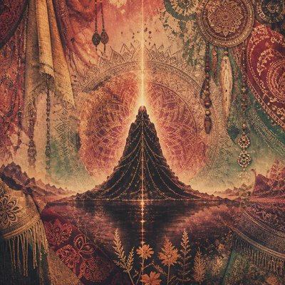 a painting of a pyramid with a reflection in the water