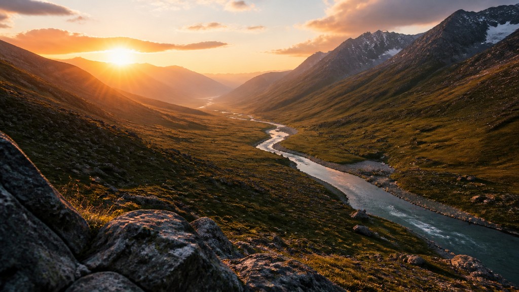 a vast valley with a river winding toward distant mountains at sunrise, no people, no text