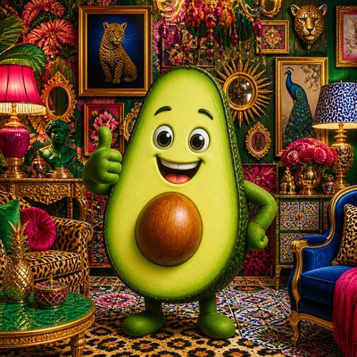 a happy avocado character giving a thumbs up, bold readable design on a plain background, no text