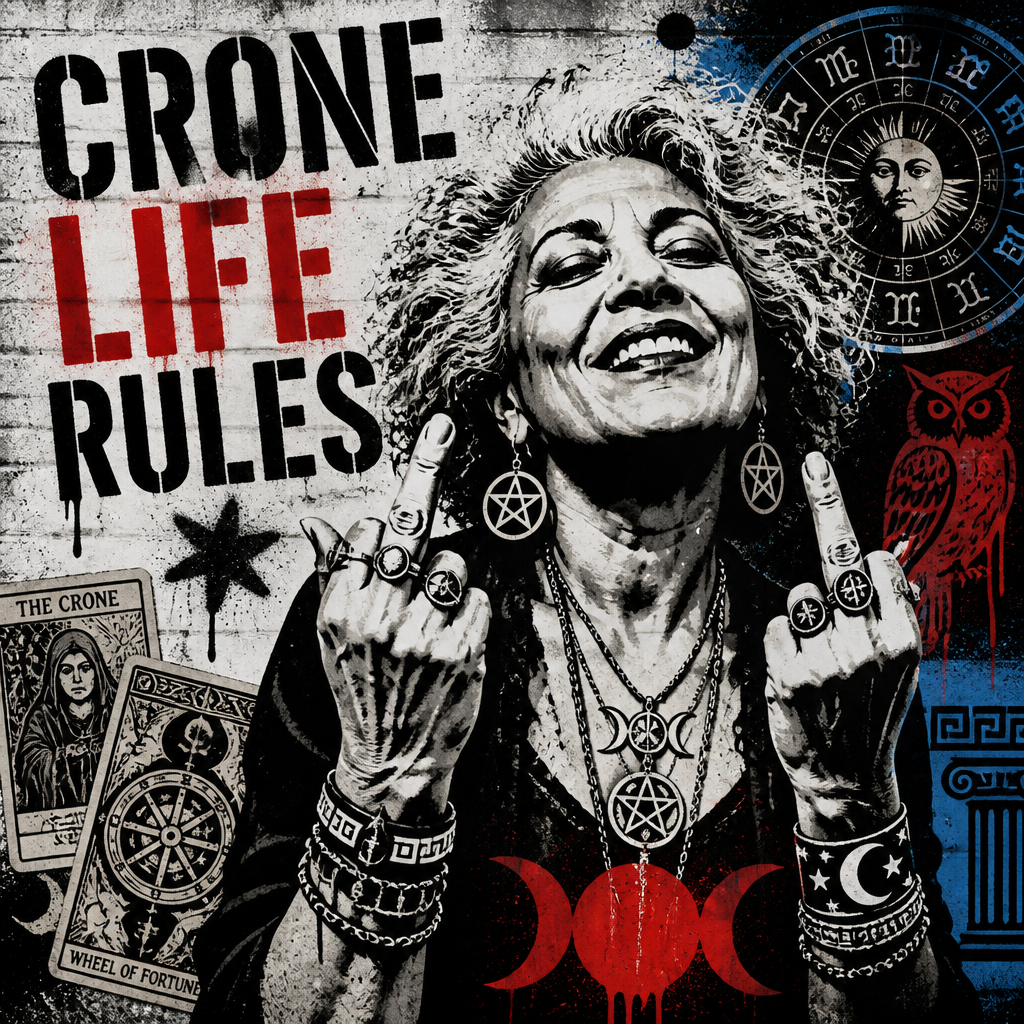 Text: Crone Life Rules
Images: Older biracial woman, with silver hair, looking joyful, giving "the bird" with both hands. Have her jewelry reflect the Wicca, tarot, and Greek astrology.