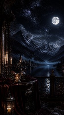 a tranquil mountain lake beneath a starry night sky, no people, no text