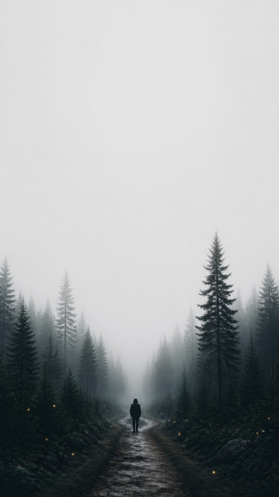 a mysterious forest path with fireflies and drifting mist, atmospheric vertical composition with open space at the top, no text