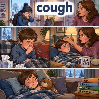 Create an image for the spelling word "cough". please include the word.