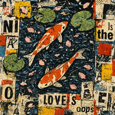 A koi pond seen from above, orange and white koi fish swimming among lily pads, clear water with subtle ripples, fallen cherry blossom petals floating on the surface, dappled sunlight