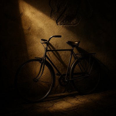bicyle resting against a wall