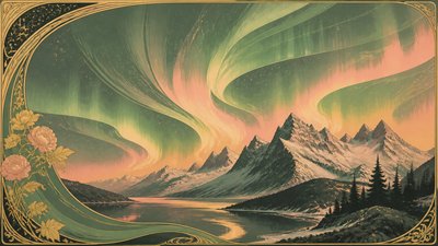 a flowing aurora over snowy peaks, wide sweeping composition, no people, no text