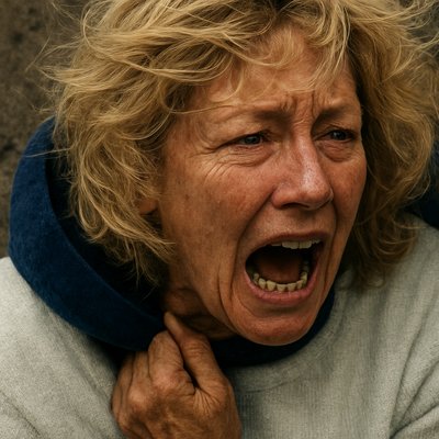 a woman with blonde hair and a blue scarf around her neck
