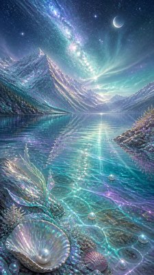 a tranquil mountain lake beneath a starry night sky, no people, no text