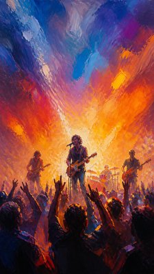 a live music scene with a glowing stage and silhouetted crowd, energetic vertical composition with open space at the top, no text