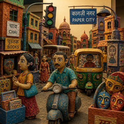 urban street with city activity — Papier-Mache Art Style