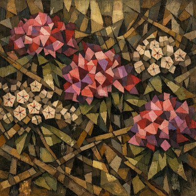 Art Style: Analytical Cubism, avant-garde oil painting style reminiscent of Picasso and Braque.

Subject: A dense, tangled thicket of Rhododendrons and Mountain Laurel bushes.

Composition & Details: The entire natural scene is deconstructed into overlapping geometric planes, fractured shards, and intersecting angles. There are no curved lines; everything is rendered in cubes, cones, and trapezoids.

    The Rhododendrons: Large, showy flower trusses are broken into faceted crystalline structures of deep magenta, rose pink, and violet blocks, looking like explosions of colored quartz rather than soft petals.

    The Mountain Laurels: The smaller, intricate flowers are rendered as complex, repeating geometric star-patterns and angular cups in white and pale pink with distinct red polygonal markings.

    Foliage & Branches: The thick, leathery leaves are fragmented green triangles and parallelograms overlapping each other, creating a sense of depth without traditional perspective. The woody stems and branches are jagged, intersecting brown and grey cylinders that shatter across the frame.

Color & Texture: A palette of muted earth tones—ochre, burnt umber, forest green, and slate grey—contrasted sharply with the jewel-toned facets of the flower colors. The finish should have a heavy, textured oil paint feel with visible palette knife marks and rough brushwork.