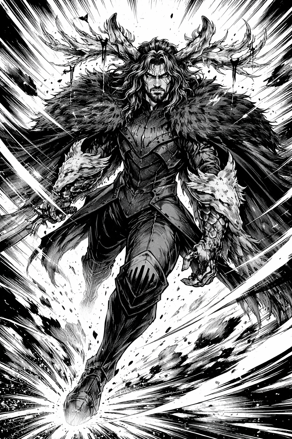 a black and white drawing of a man with a sword