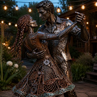 an original couple dancing under string lights in a garden at dusk: a man with short black hair in a linen shirt and a woman with braided red hair in a summer dress
