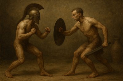 a painting of two men fighting each other
