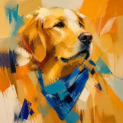 portrait of a golden retriever wearing a blue bandana, warm plain backdrop, no text