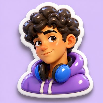 head-and-shoulders portrait of an original character: a young man with curly dark hair and headphones around his neck, plain backdrop, no text