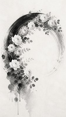 an arch of white roses and eucalyptus in soft morning light, elegant vertical composition with open space, no text