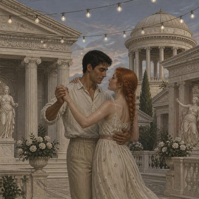 an original couple dancing under string lights in a garden at dusk: a man with short black hair in a linen shirt and a woman with braided red hair in a summer dress