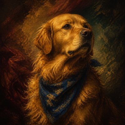 portrait of a golden retriever wearing a blue bandana, warm plain backdrop, no text