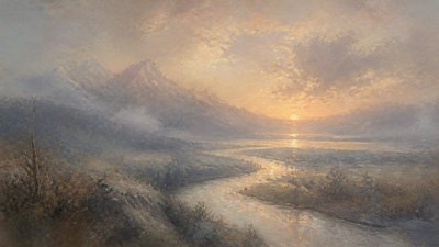 a vast valley with a river winding toward distant mountains at sunrise, no people, no text