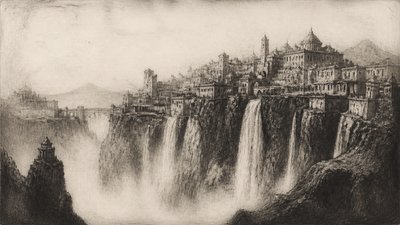 a cliffside city with waterfalls cascading into a misty canyon, wide establishing shot, no people, no text