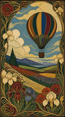 a hot air balloon drifting over rolling flower fields on a sunny day, cheerful, no text