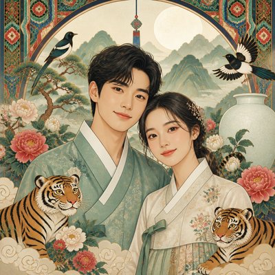 portrait of two people together — Korean Art Style
