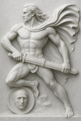 a statue of a man holding a sword next to a bust of a man