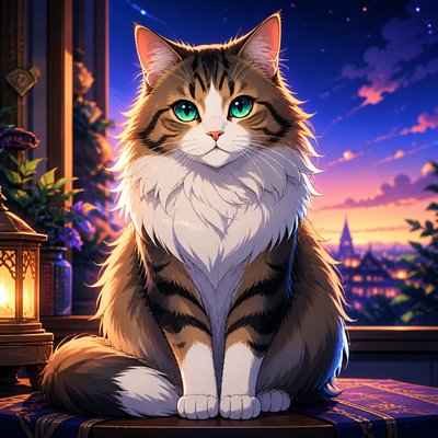 a fluffy cat sitting upright, looking at the viewer